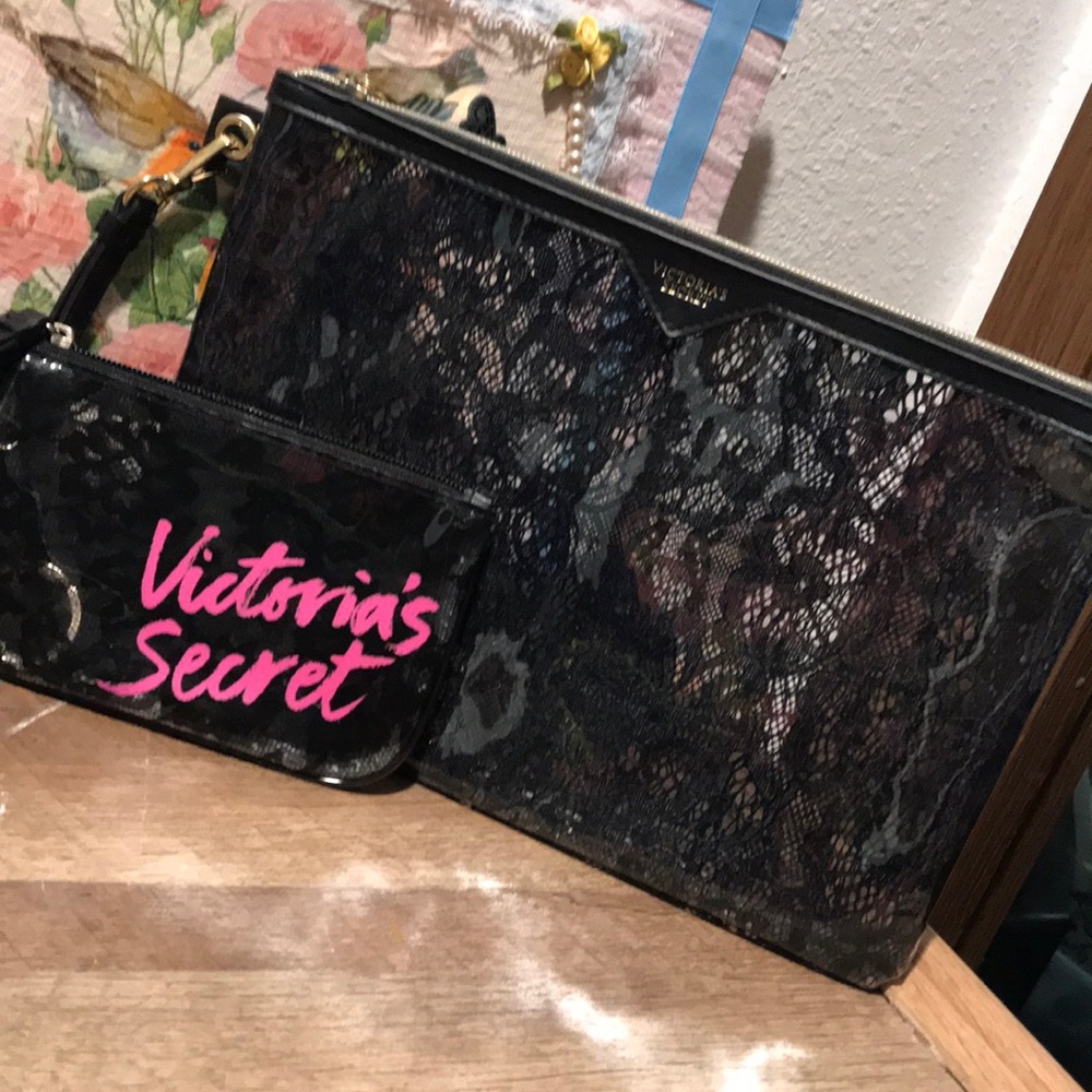 Victoria Secret 2 Piece Set Black Lace Pink Logo